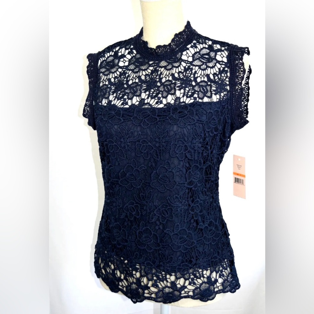 NEW Nanette Lepore Sleeveless Lace Top Navy w/crochet accents $98 MSRP, …